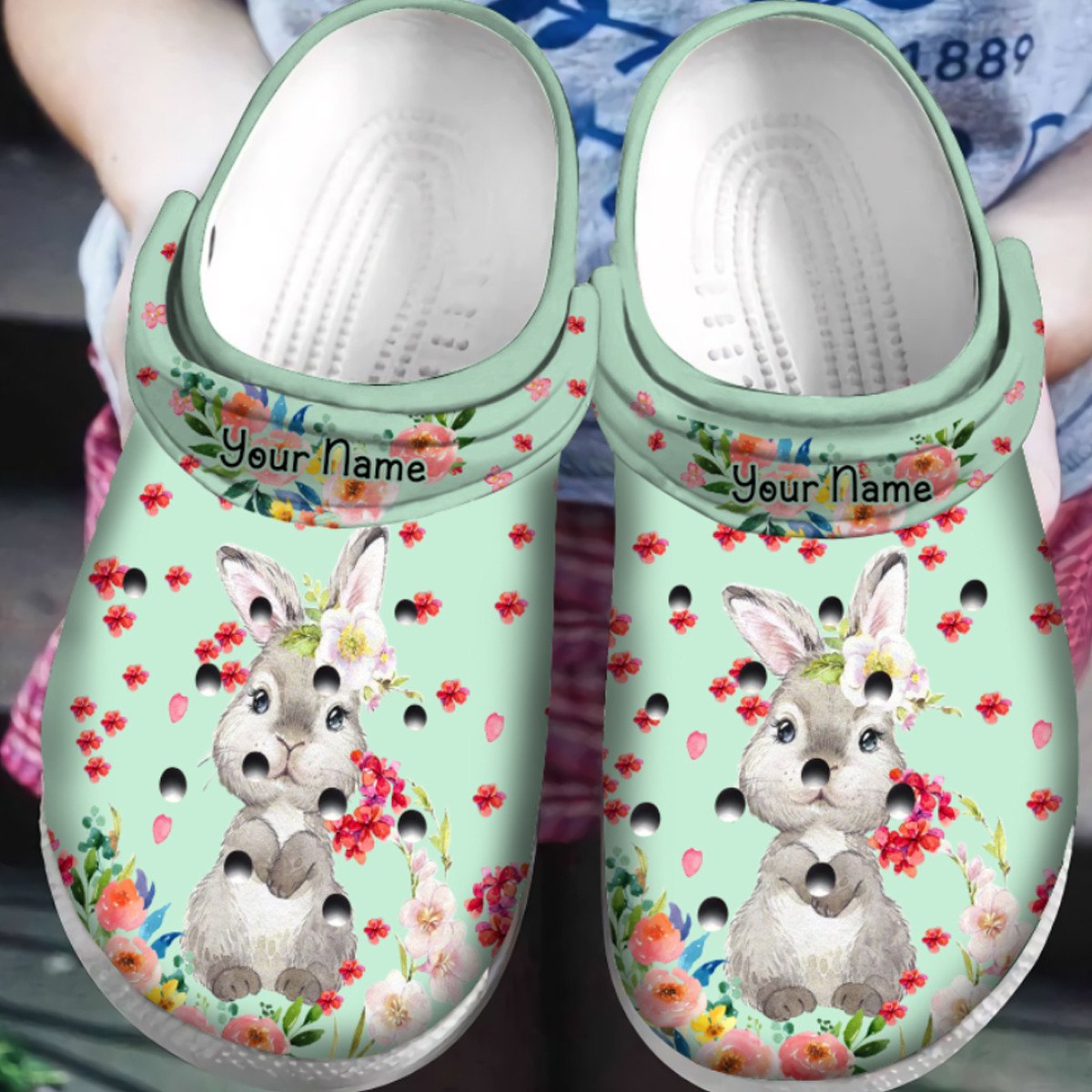 Personalized Happy Easter Day Shoes Bunny Rabbit Floral Crocs Classic Clogs