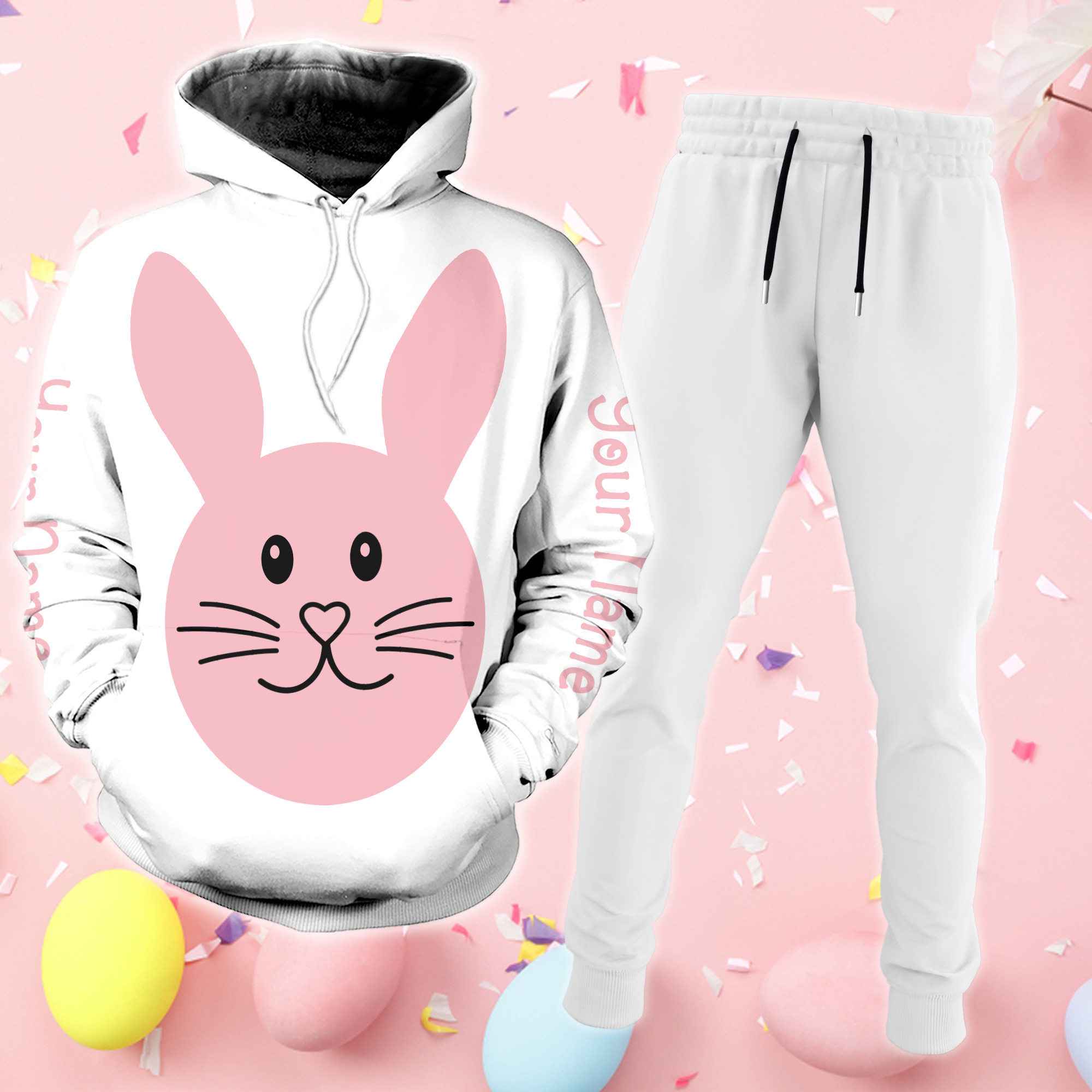 Personalized Easter Bunny Costume Pink And White Hoodie And Jogger Set
