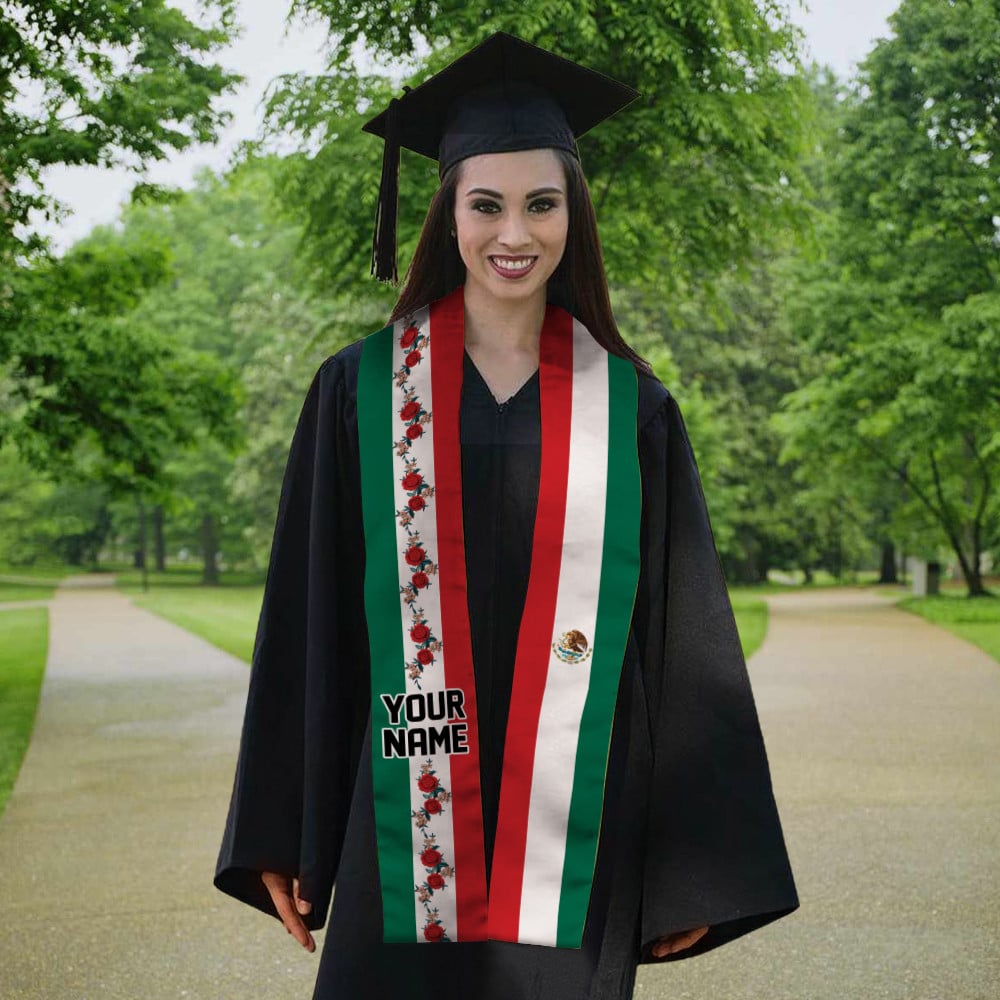 Personalized Mexican Flag Graduation Stole Emboired Floral Sash