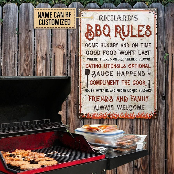 Personalized Grilling White Pattern BBQ Rules Customized Classic Metal Signs