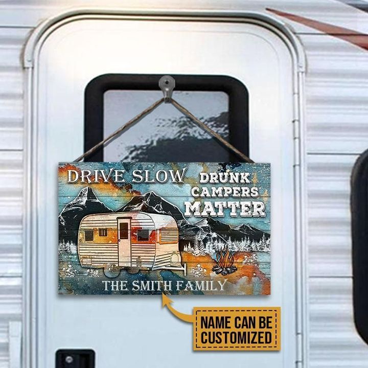 Personalized Camping Drunk Camper Matter Blue Earth Customized Wood Rectangle Sign