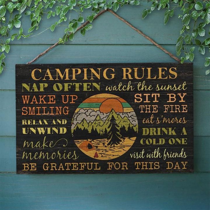 Camping Rules Nap Often Customized Wood Rectangle Sign