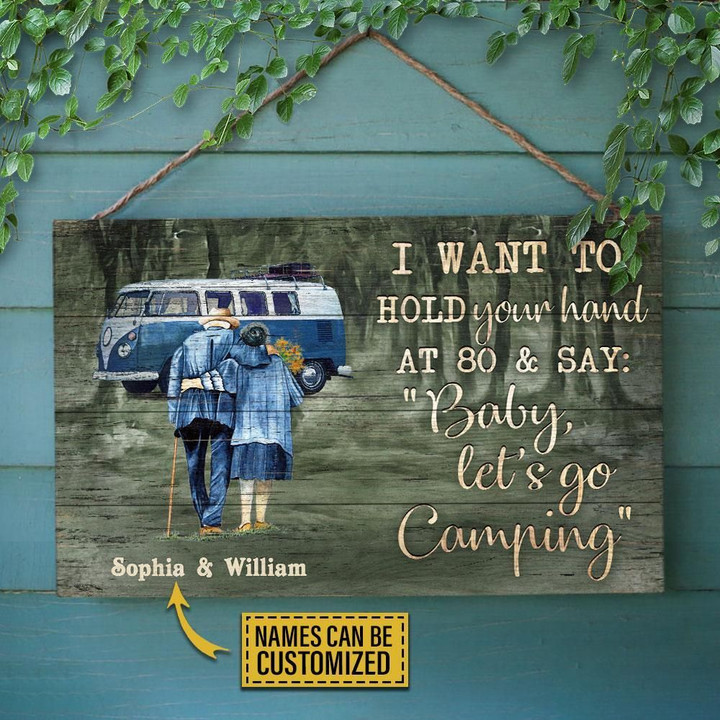 Personalized Camping Van Green Baby Let's Go Customized Wood Rectangle Sign