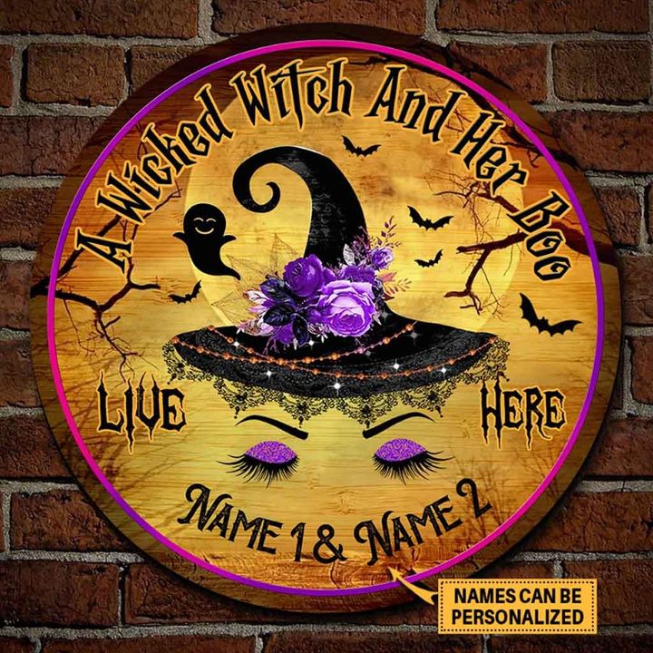 Personalized Witch Halloween Wooden Circle Sign A Wicked Witch And Her Boo Live Here