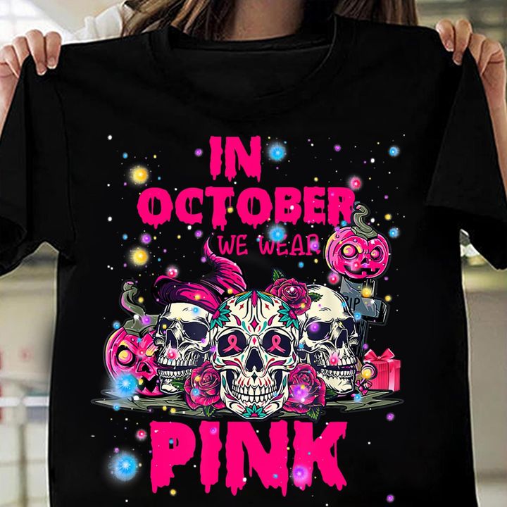 Skull Breast Cancer Pumpkin T-shirt In October We Wear Pink
