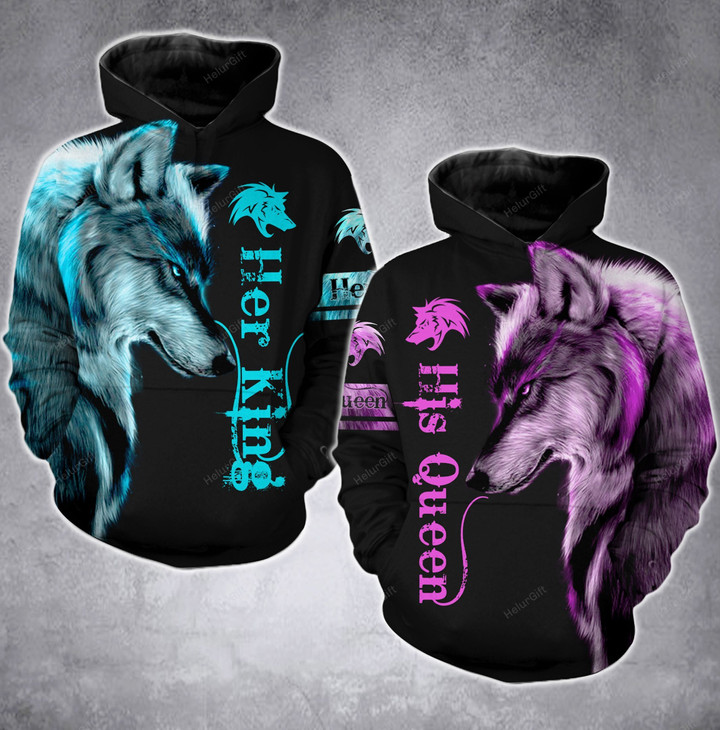 Queen King Wolf Couple Hoodie Set Pink Blue