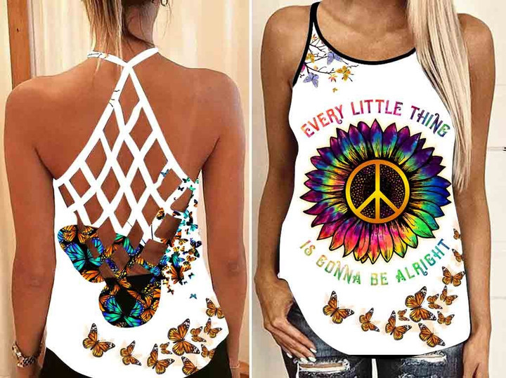 Every Little Thing Is Gonna Be Alright Hippie Peace Colorful Symbol Flower Criss Cross Tank Top