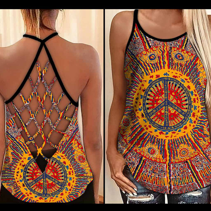 Peace Hippie Style Red Yellow Criss Cross Tank Top
