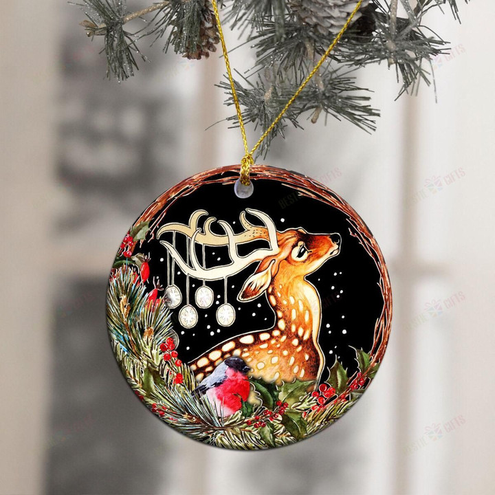 Christmas Deer Round Ceramic Ornament