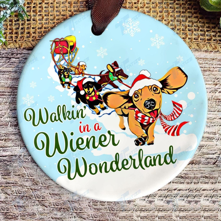 Dachshund Walkin' In A Wiener Wonderland Circle Ornament Ornament