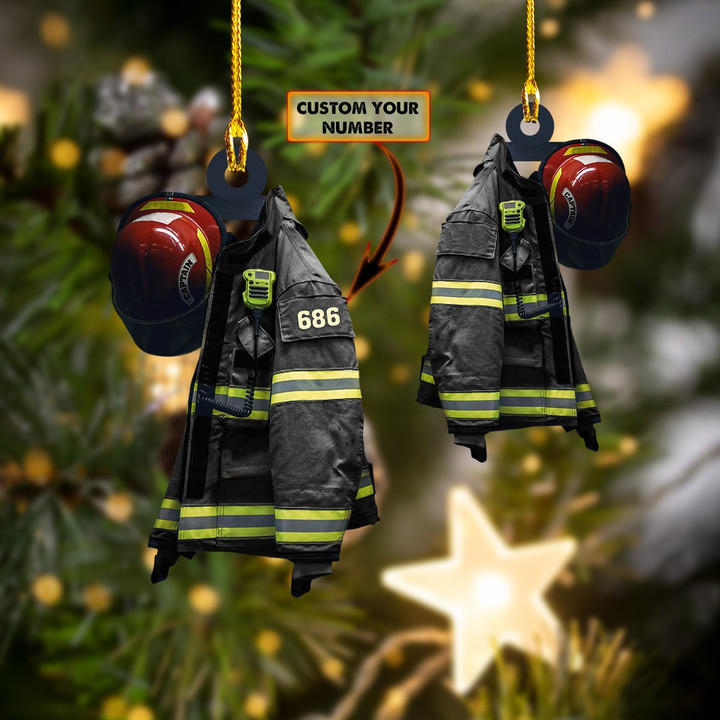 Personalized Firefighter Red Helmet Black Jacket Christmas Ornament