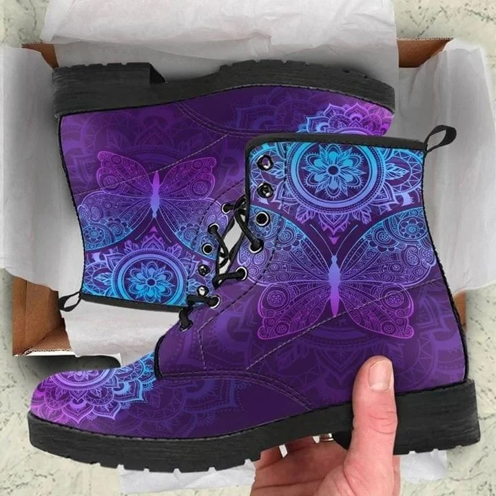 Purple Butterfly Mandala Leather Boots Shoes