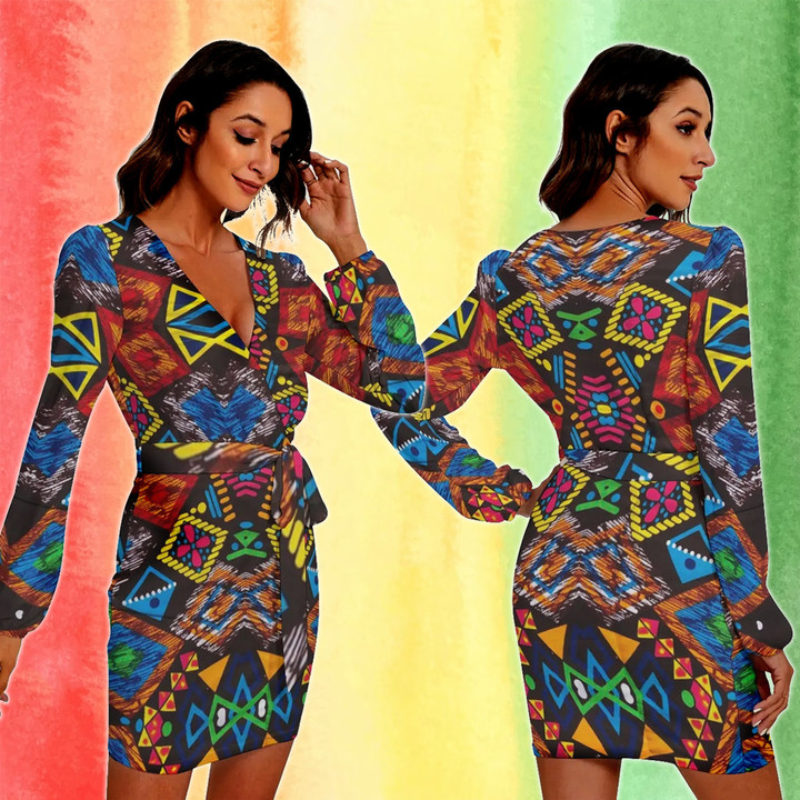 African Dress Geometric Ankara Pattern Long Sleeve With Waist Belt