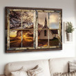 Sunset Church of Christ, Gorgeous Vintage Church Through Rustic Window In The Afternoon Landscape Canvas Wall Art