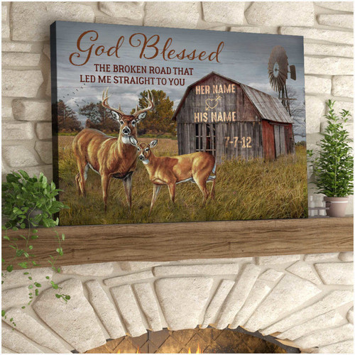 Personalized God Blessed The Broken Road Barn Deer Couple Canvas Gift For Her For Him