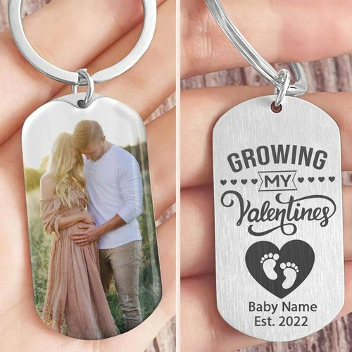 Growing My Valentine, Custom Baby Est 2022 Couple Keychain, Custom Photo for Husband and Wife