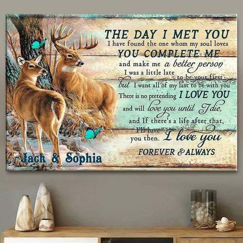 Deer Couple Wall Art, The Day I met you Wall Art Canvas, Custom Name Gift for Wife, Gift for Husband