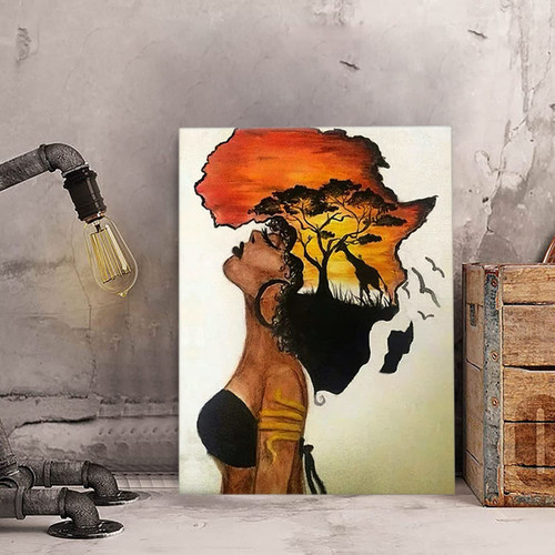 Black Girl Abstract African Sunset Wall Art Canvas, African American Wall Art Homesick