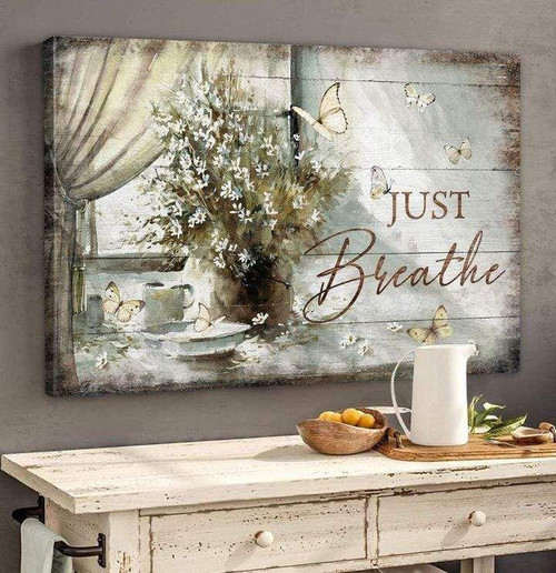 Personalized Jesus Just Breathe Wall Art Canvas, Flower painting by the Window