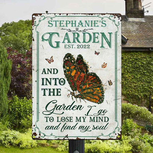 Personalized Garden Sign, Butterfly into the garden Vintage Metal Signs, Butterfly Metal Wall Art