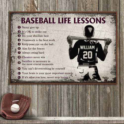 Personalized Baseball Wall Art, Baseball Life Lessons Custom Name Baseball Player Canvas