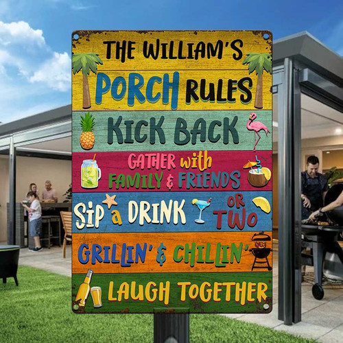 Personalized Porch Rule Signs, Kick Back Gather with Family & Friend Customized Vintage Metal Signs