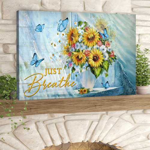 Sunflower Painting, Sunflowers Pot with Butterfly, Just Breathe - Jesus Landscape Canvas Prints