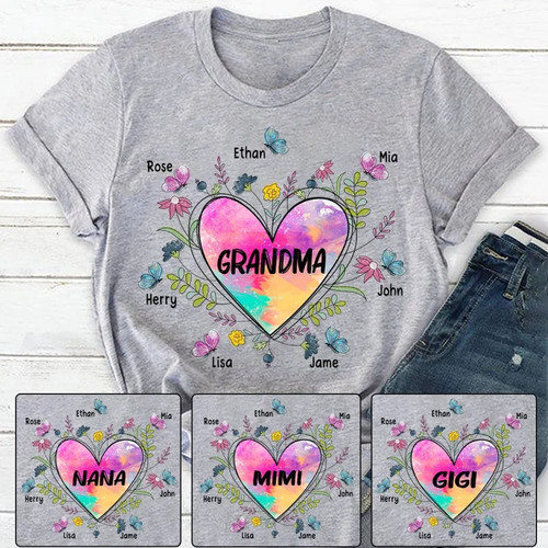 Shirt for Grandma Nana, Grandma Heart With Grandkids Flower Art T-Shirt, Personalized Mothers Day Shirt for Nan with Custom grandkids