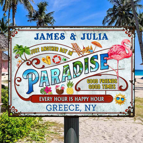 Personalized Flamingo Beach Sign, Another day in Paradise Summer Vintage Metal Sign for Couple, Family