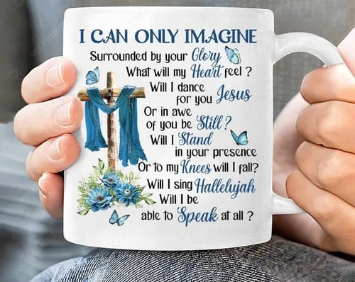 I Can Only Imagine, Butterfly and Wooden Cross - Memorial Mug For Dad Or Mom from Daughter and Son