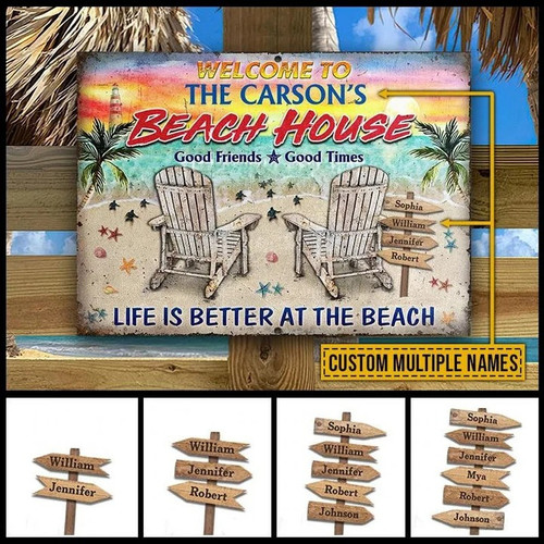 Personalized Summer Beach House Sign, Custom Family Member Name Metal Sign for Summer, Life is better on the beach