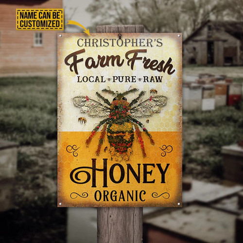 Personalized Honey Bee Sign, Farm Fresh Honey Organic Custom Vintage Metal Sign for Farmer