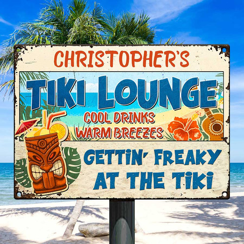Personalized TiKi Lounge Gettin' Freaky, Beach Tiki Bar Sign, Bar Decor Vintage Metal Sign