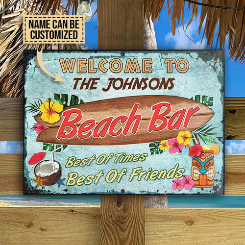 Personalized Beach Bar Sign, Surfing And Drinking Coconut, Tiki Bar Vintage Metal Sign