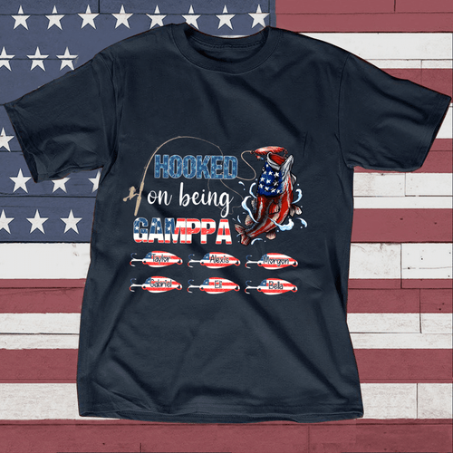4th Of July Hooked On Being Grandpa With Grandkids Flag American T Shirt