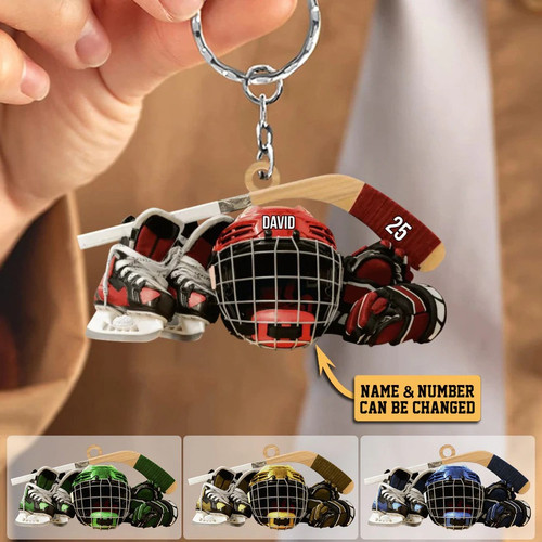 Personalized Acrylic Keychain Hocket Skates Helmet And Stick Gift For Hockey Lover