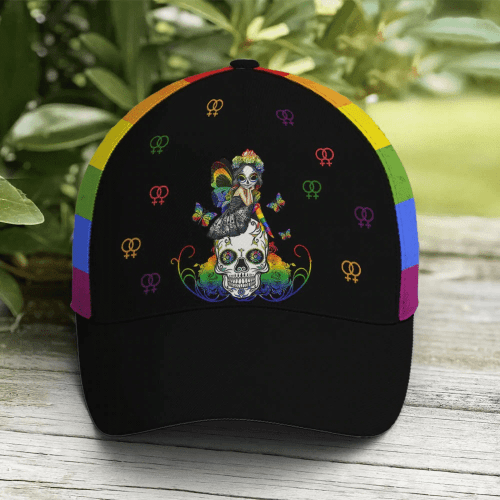 LGBTQ Girl And Sugar Skull Rainbow Baseball Cap, Pride Cap For Lesbian, Gaymer