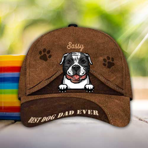 Personalized American Bulldog Hat, Custom Photo American Bulldog Cap Leather Pattern 3D Cap for Dad