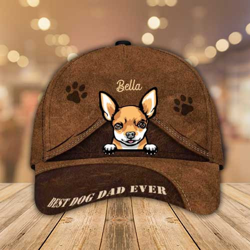 Personalized Chihuahua Hat, Custom Photo Chihuahua Cap Leather Pattern 3D Cap for Mom and Dad