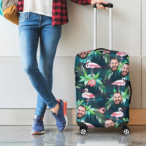 Flamingo Hawaiian Custom Photo Men Face Luggage Cover for Him, Husband Suitcase Cover