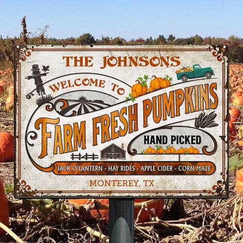 Personalized Farm Fresh Pumpkin Sign, Pumpkin Patch Vintage Metal Sign Farmhouse Decor For Fall