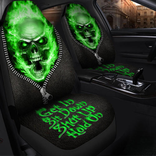 Skull Fire Hold on Green Version Car Seat Covers Universal Fit Set 2