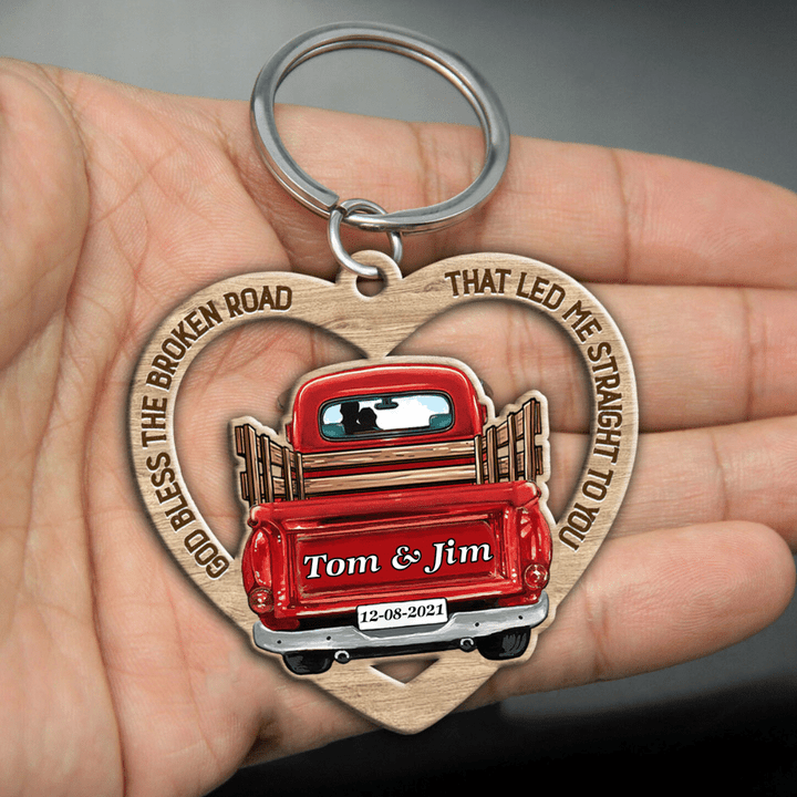 Personalized Couple Keychain, Red Truck God Bless The Broken Road Wooden keychain for girlfriend, wife