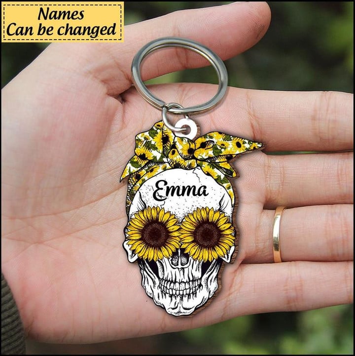 Personalized Skull Sunflower Wooden Keychain, Custom Name Flat Keychain