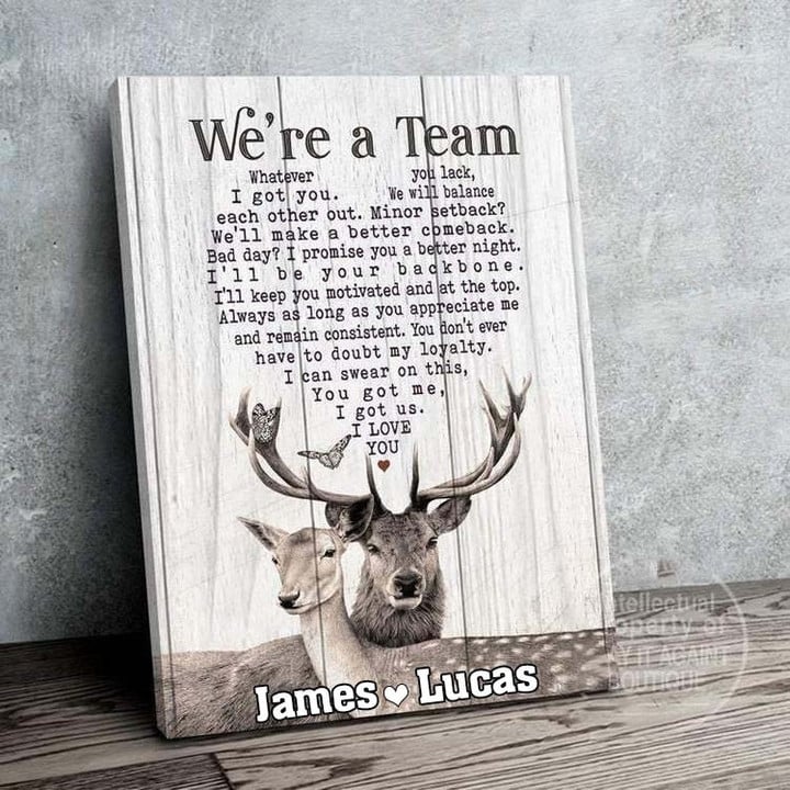 Personalized Deer Couple Wall Art, We're a team Wall Art Canvas Gift for Husband