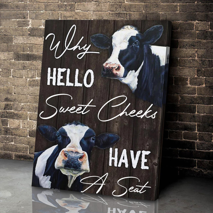 Cow Bathroom Wall Art Canvas, Cow Why Hello Sweet Cheeks Have A Seat Canvas Wall Art
