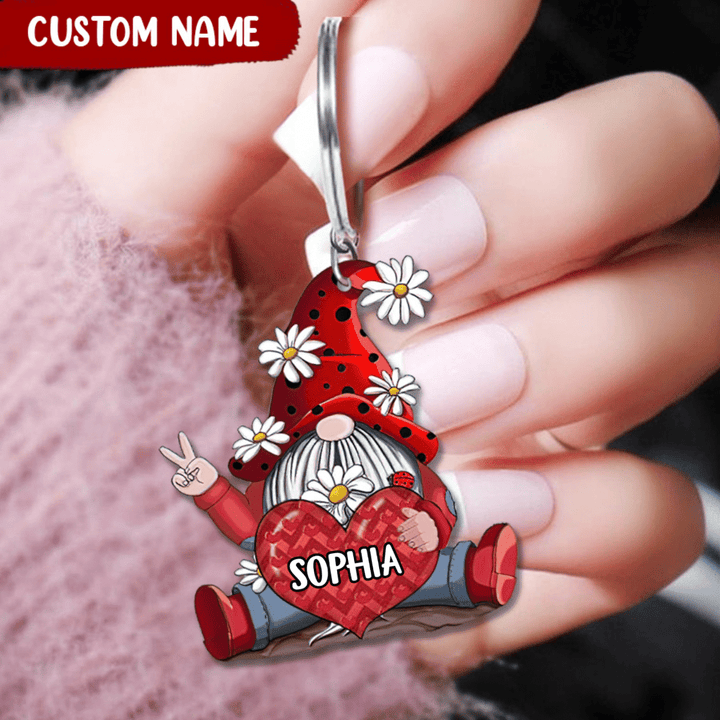 Personalized Gnome With Heart Custom Name Keychain, Gift for Her Acrylic Keychain