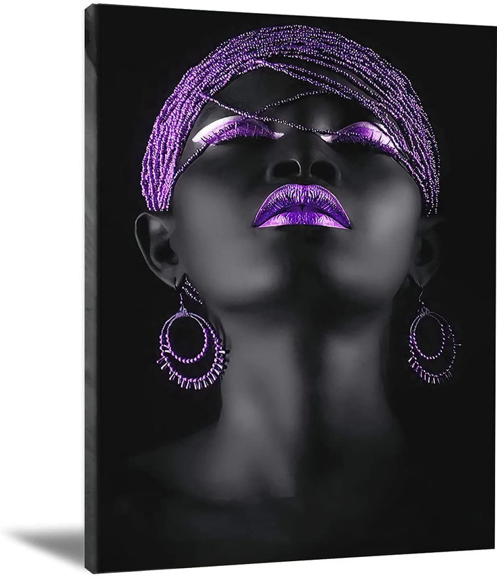 African American Purple Earrings Necklace Black Pretty Girl Wall Art Canvas