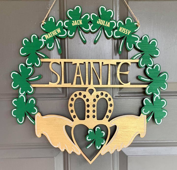 Slainte Claddagh Shamrocks Door Hanger, Welcome Wood Sign Custom St Patrick Day, Irish sign