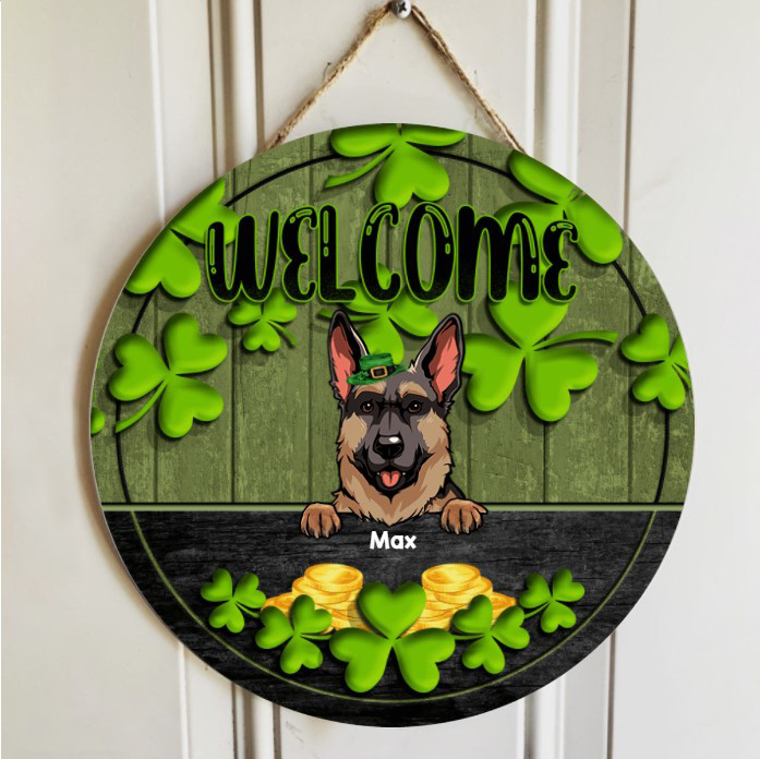 Personalized German Shepherd Door Hanger Custom for St Patrick Day, Welcome Sign for Home